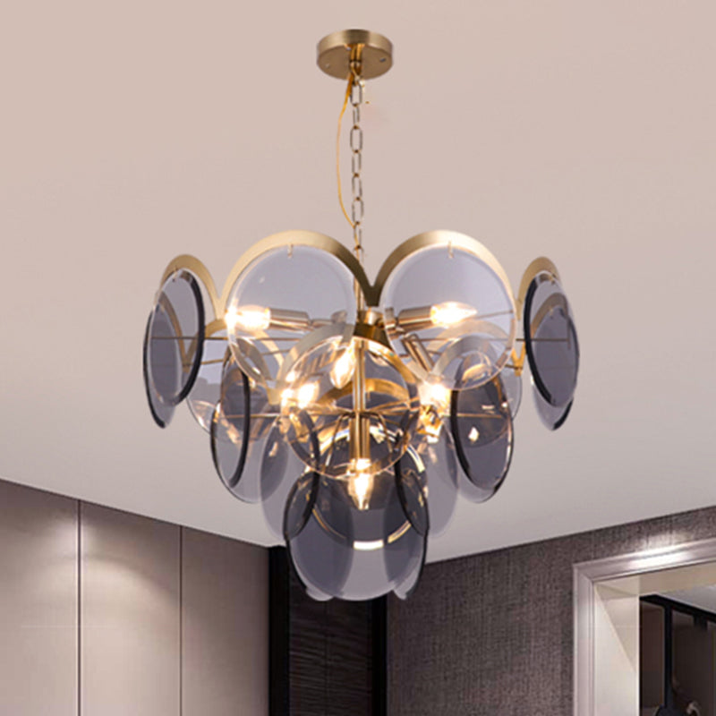 Round Panel Pendant Light Fixture Post Modern Smoke Gray Glass 7 Heads Brass Hanging Chandelier Smoke Gray Clearhalo 'Ceiling Lights' 'Chandeliers' 'Glass shade' 'Glass' 'Modern Chandeliers' 'Modern' 'Pendant Lights' Lighting' 734188