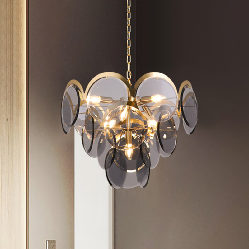 Round Panel Pendant Light Fixture Post Modern Smoke Gray Glass 7 Heads Brass Hanging Chandelier Clearhalo 'Ceiling Lights' 'Chandeliers' 'Glass shade' 'Glass' 'Modern Chandeliers' 'Modern' 'Pendant Lights' Lighting' 734189