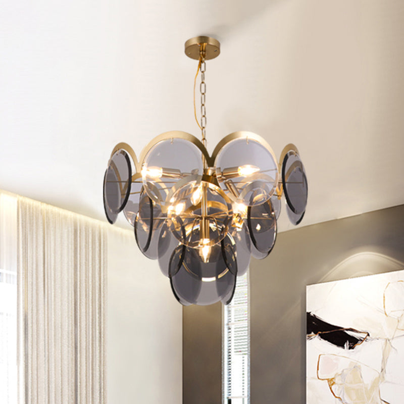 Round Panel Pendant Light Fixture Post Modern Smoke Gray Glass 7 Heads Brass Hanging Chandelier Clearhalo 'Ceiling Lights' 'Chandeliers' 'Glass shade' 'Glass' 'Modern Chandeliers' 'Modern' 'Pendant Lights' Lighting' 734190