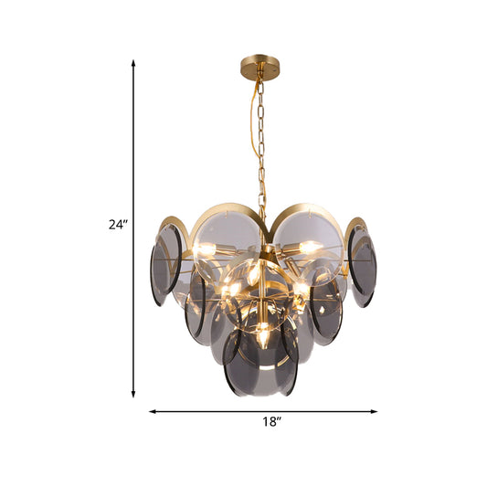 Round Panel Pendant Light Fixture Post Modern Smoke Gray Glass 7 Heads Brass Hanging Chandelier Clearhalo 'Ceiling Lights' 'Chandeliers' 'Glass shade' 'Glass' 'Modern Chandeliers' 'Modern' 'Pendant Lights' Lighting' 734192