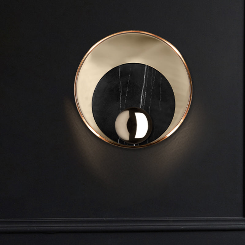 Round Marble LED Sconce Lighting Modernist 1 Head White/Black Wall Mounted Lamp with Gold Metal Backplate Clearhalo 'Cast Iron' 'Glass' 'Industrial' 'Modern wall lights' 'Modern' 'Tiffany' 'Traditional wall lights' 'Wall Lamps & Sconces' 'Wall Lights' Lighting' 734217
