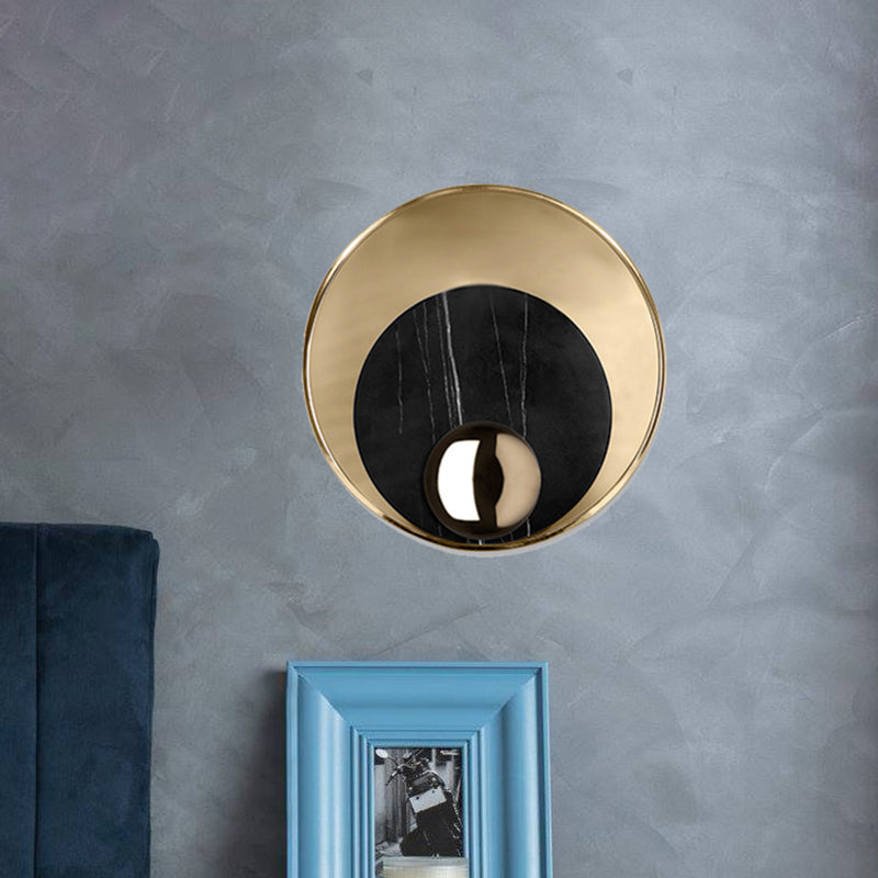 Round Marble LED Sconce Lighting Modernist 1 Head White/Black Wall Mounted Lamp with Gold Metal Backplate Clearhalo 'Cast Iron' 'Glass' 'Industrial' 'Modern wall lights' 'Modern' 'Tiffany' 'Traditional wall lights' 'Wall Lamps & Sconces' 'Wall Lights' Lighting' 734218