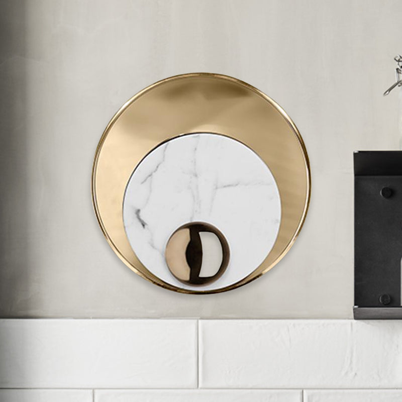 Round Marble LED Sconce Lighting Modernist 1 Head White/Black Wall Mounted Lamp with Gold Metal Backplate Clearhalo 'Cast Iron' 'Glass' 'Industrial' 'Modern wall lights' 'Modern' 'Tiffany' 'Traditional wall lights' 'Wall Lamps & Sconces' 'Wall Lights' Lighting' 734222