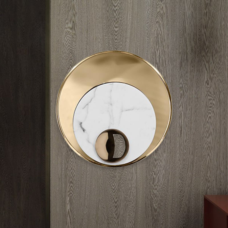 Round Marble LED Sconce Lighting Modernist 1 Head White/Black Wall Mounted Lamp with Gold Metal Backplate Clearhalo 'Cast Iron' 'Glass' 'Industrial' 'Modern wall lights' 'Modern' 'Tiffany' 'Traditional wall lights' 'Wall Lamps & Sconces' 'Wall Lights' Lighting' 734223
