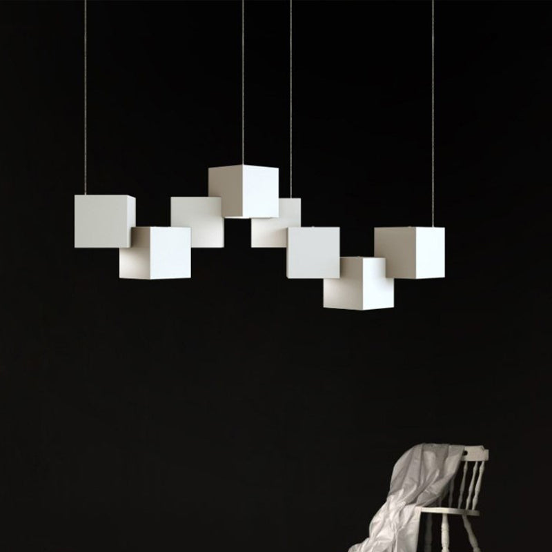 Black/White Spliced Cube Ceiling Light Modernist 8 Lights Metal LED Cluster Pendant Lamp in White/Warm Light, 25.5"/28" Wide Clearhalo 'Ceiling Lights' 'Modern Pendants' 'Modern' 'Pendant Lights' 'Pendants' Lighting' 734251