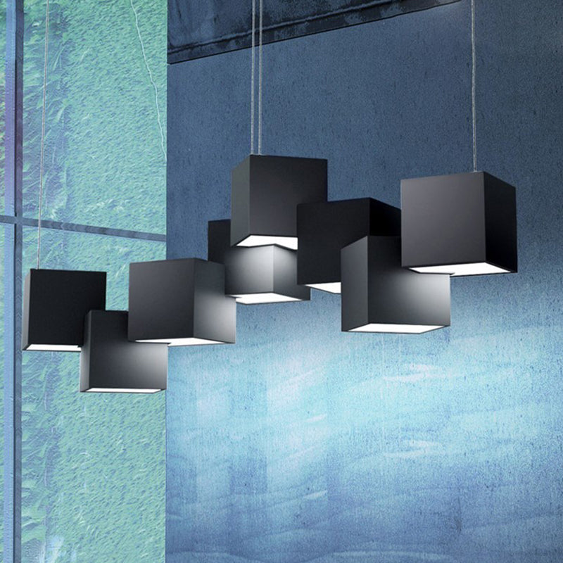 Black/White Spliced Cube Ceiling Light Modernist 8 Lights Metal LED Cluster Pendant Lamp in White/Warm Light, 25.5"/28" Wide Black Clearhalo 'Ceiling Lights' 'Modern Pendants' 'Modern' 'Pendant Lights' 'Pendants' Lighting' 734256