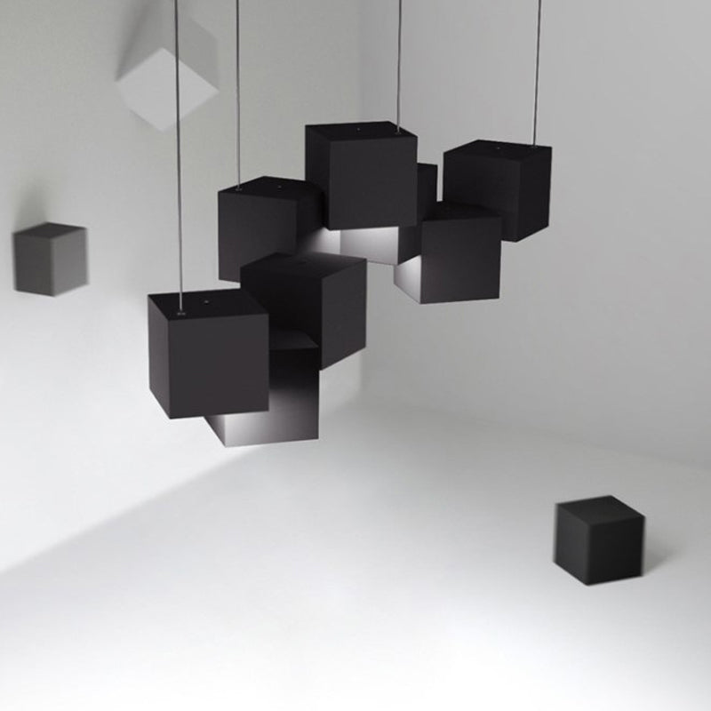 Black/White Spliced Cube Ceiling Light Modernist 8 Lights Metal LED Cluster Pendant Lamp in White/Warm Light, 25.5"/28" Wide Clearhalo 'Ceiling Lights' 'Modern Pendants' 'Modern' 'Pendant Lights' 'Pendants' Lighting' 734257