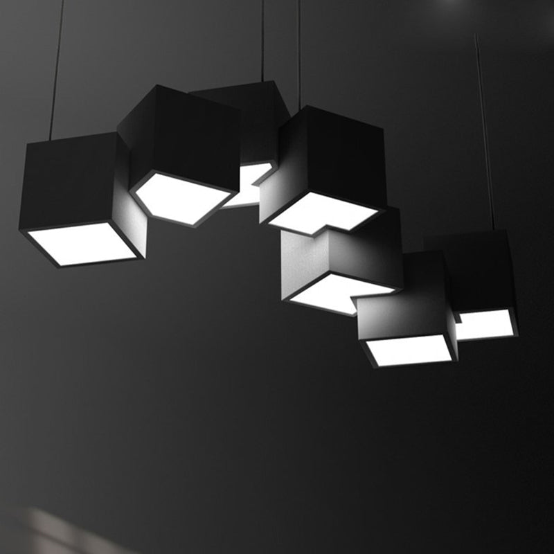 Black/White Spliced Cube Ceiling Light Modernist 8 Lights Metal LED Cluster Pendant Lamp in White/Warm Light, 25.5"/28" Wide Clearhalo 'Ceiling Lights' 'Modern Pendants' 'Modern' 'Pendant Lights' 'Pendants' Lighting' 734258