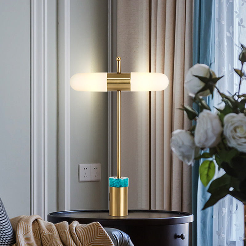 Capsule Opal Glass Night Table Lamp Post Modern 2 Heads Gold Desk Light with Tube Metal and Marble Base for Bedside Clearhalo 'Lamps' 'Table Lamps' Lighting' 734286
