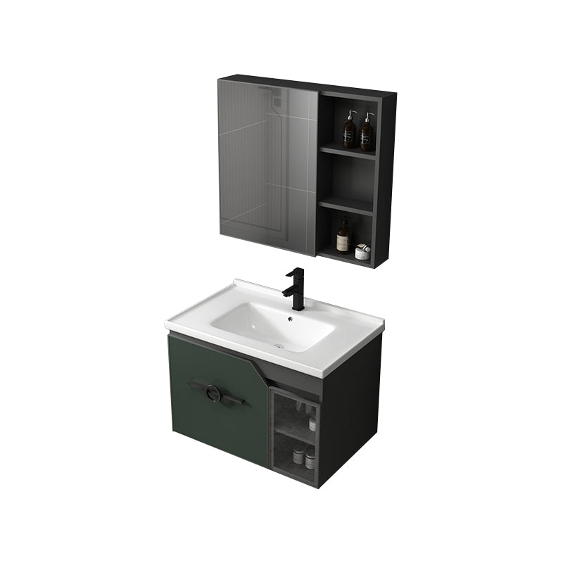 Modern Single Sink Vanity Metal Base Rectangular Wall Mount Vanity Set Vanity & Faucet & Mirror Cabinet 28"L x 18.5"W x 18.1"H Green Clearhalo 'Bathroom Remodel & Bathroom Fixtures' 'Bathroom Vanities' 'bathroom_vanities' 'Home Improvement' 'home_improvement' 'home_improvement_bathroom_vanities' 7342875