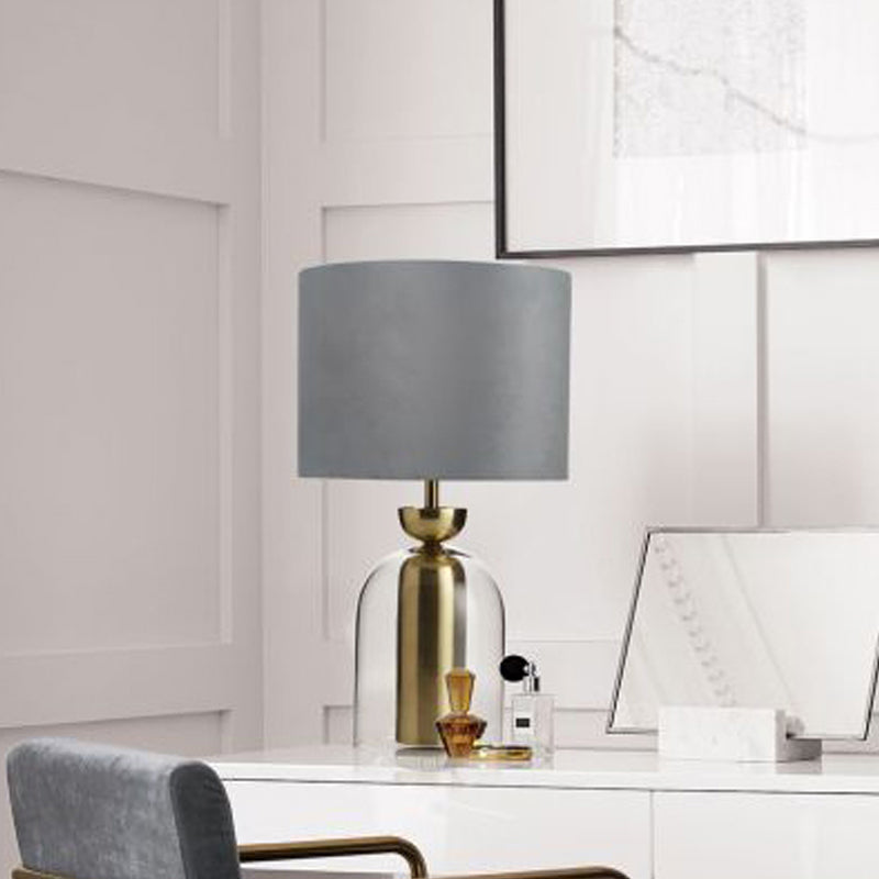 Gold Bell Table Light Contemporary 1 Bulb Clear Glass Desk Lamp with Grey Fabric Shade for Bedside Clearhalo 'Lamps' 'Table Lamps' Lighting' 734376