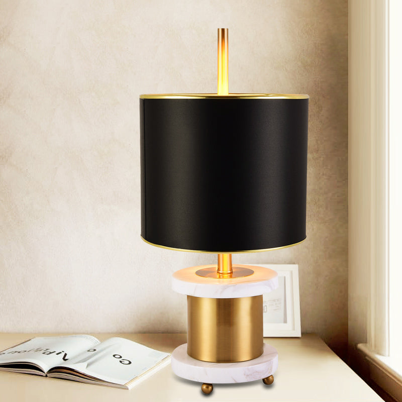 Fabric Drum Shade Night Table Light Modernism 1 Head Marble Reading Book Lamp in Black Black Clearhalo 'Lamps' 'Table Lamps' Lighting' 734379