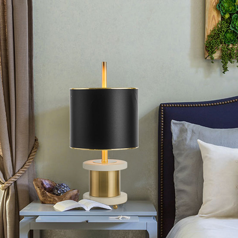 Fabric Drum Shade Night Table Light Modernism 1 Head Marble Reading Book Lamp in Black Clearhalo 'Lamps' 'Table Lamps' Lighting' 734381