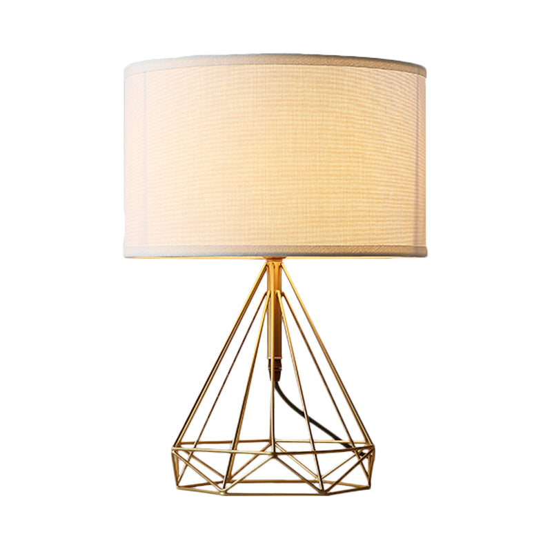 Diamond Cage Table Light Minimalist Metallic 1 Head Bedside White Fabric Desk Lamp in Gold Clearhalo 'Lamps' 'Table Lamps' Lighting' 734397