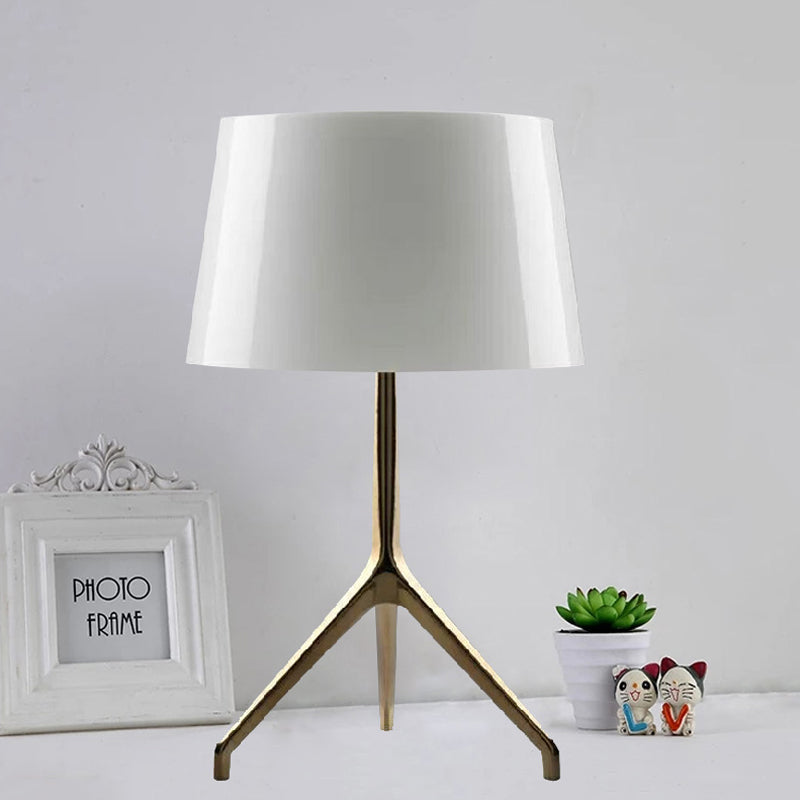 Simple Tripod Night Table Light Metal 1 Light Bedroom Nightstand Lamp in Gold with Barrel White/Black Fabric Shade Clearhalo 'Lamps' 'Table Lamps' Lighting' 734400