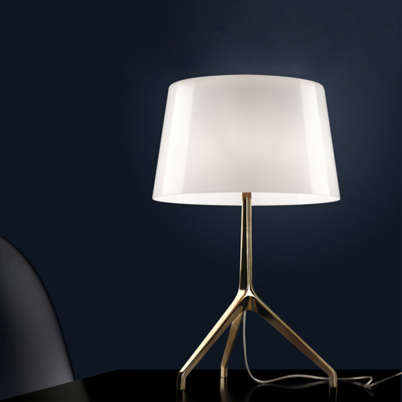 Simple Tripod Night Table Light Metal 1 Light Bedroom Nightstand Lamp in Gold with Barrel White/Black Fabric Shade Clearhalo 'Lamps' 'Table Lamps' Lighting' 734401