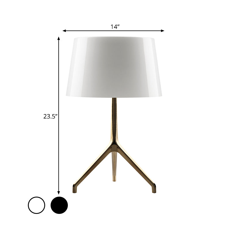 Simple Tripod Night Table Light Metal 1 Light Bedroom Nightstand Lamp in Gold with Barrel White/Black Fabric Shade Clearhalo 'Lamps' 'Table Lamps' Lighting' 734403