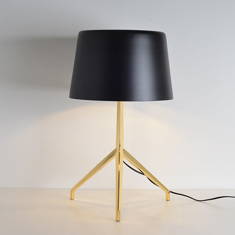 Simple Tripod Night Table Light Metal 1 Light Bedroom Nightstand Lamp in Gold with Barrel White/Black Fabric Shade Clearhalo 'Lamps' 'Table Lamps' Lighting' 734406