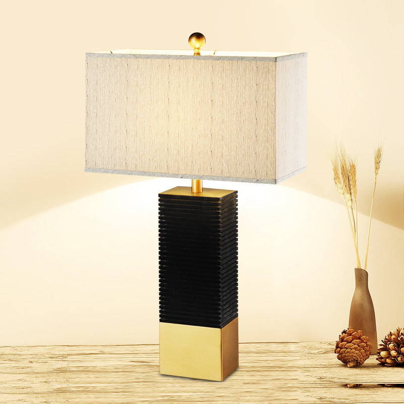 Black Finish Rectangle Desk Lighting Modernism 1-Bulb Metallic Table Lamp with Beige Fabric Shade Black Clearhalo 'Lamps' 'Table Lamps' Lighting' 734428