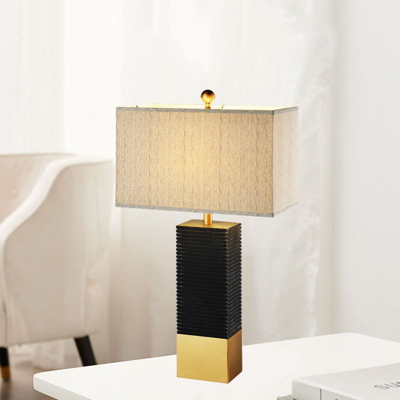 Black Finish Rectangle Desk Lighting Modernism 1-Bulb Metallic Table Lamp with Beige Fabric Shade Clearhalo 'Lamps' 'Table Lamps' Lighting' 734429