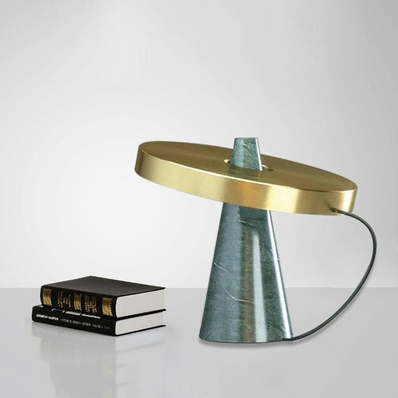 Metallic Round Panel Table Light Modern 1 Head Gold Finish Desk Lamp with Cone Aqua Marble Base Clearhalo 'Lamps' 'Table Lamps' Lighting' 734479