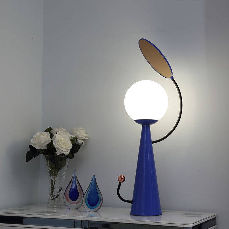 Blue Finish Conical Night Table Light Contemporary 1 Bulb Metal Desk Lamp with Ball White Glass Shade and Mirror Deco Clearhalo 'Lamps' 'Table Lamps' Lighting' 734527