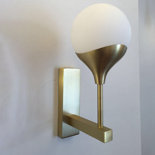 1 Bulb Bedroom Wall Light Minimal Brass Finish Wall Sconce with Globe Cream Glass Shade Brass Clearhalo 'Cast Iron' 'Glass' 'Industrial' 'Modern wall lights' 'Modern' 'Tiffany' 'Traditional wall lights' 'Wall Lamps & Sconces' 'Wall Lights' Lighting' 734541