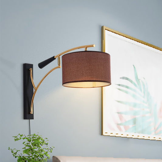 Drum Shade Wall Lamp Modern Style Fabric 1 Head Bedroom Wall Lighting Ideas in Flaxen/Coffee Clearhalo 'Modern wall lights' 'Modern' 'Wall Lamps & Sconces' 'Wall Lights' Lighting' 734558