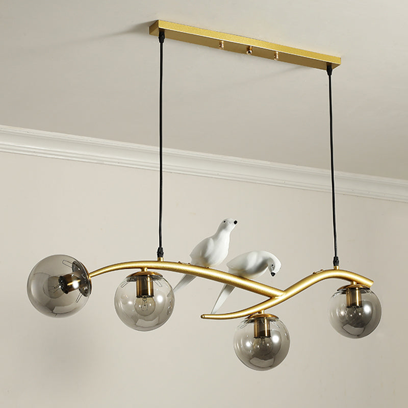 Milk White/Smoke Grey Glass Globe Chandelier Light Minimal 4 Lights Suspension Pendant Light in Black/Gold with Birds Deco Smoke Grey Clearhalo 'Ceiling Lights' 'Glass shade' 'Glass' 'Modern Pendants' 'Modern' 'Pendant Lights' 'Pendants' Lighting' 734565