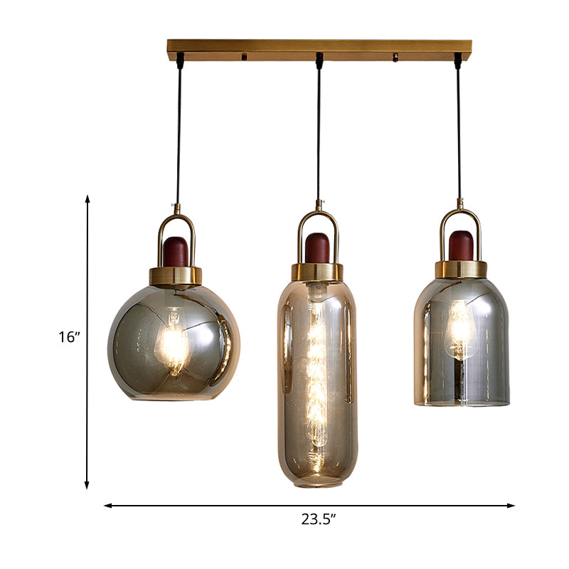 Smoke Grey Glass Geometric Cluster Pendant Light Minimalist 3-Head Brown Hanging Lamp Kit for Dining Room Clearhalo 'Ceiling Lights' 'Glass shade' 'Glass' 'Modern Pendants' 'Modern' 'Pendant Lights' 'Pendants' Lighting' 734583