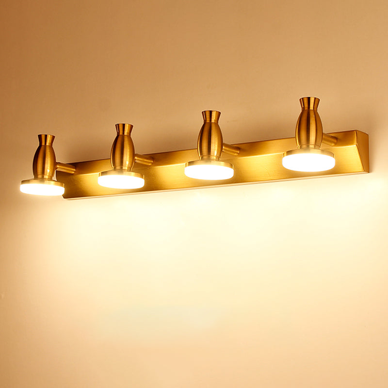 4 Heads Bathroom Vanity Lamp Nordic Brass Wall Lighting with Round Metal Shade in Warm/White Light Brass Clearhalo 'Cast Iron' 'Glass' 'Industrial' 'Modern wall lights' 'Modern' 'Tiffany' 'Traditional wall lights' 'Vanity Lights' 'Wall Lights' Lighting' 734604