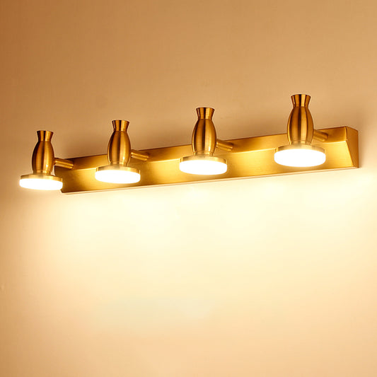 4 Heads Bathroom Vanity Lamp Nordic Brass Wall Lighting with Round Metal Shade in Warm/White Light Brass Clearhalo 'Cast Iron' 'Glass' 'Industrial' 'Modern wall lights' 'Modern' 'Tiffany' 'Traditional wall lights' 'Vanity Lights' 'Wall Lights' Lighting' 734604