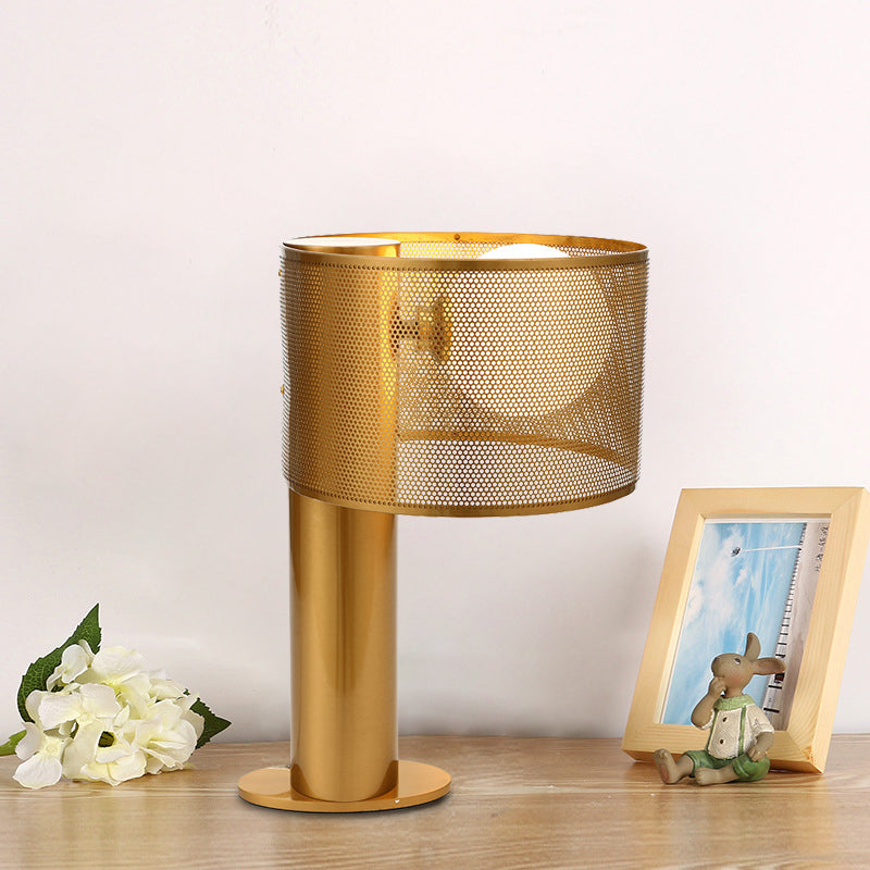 Metal Drum Mesh Night Table Light Post Modern 1 Head Desk Lamp in Gold with Orb Opal Glass Shade Gold Clearhalo 'Lamps' 'Table Lamps' Lighting' 734614