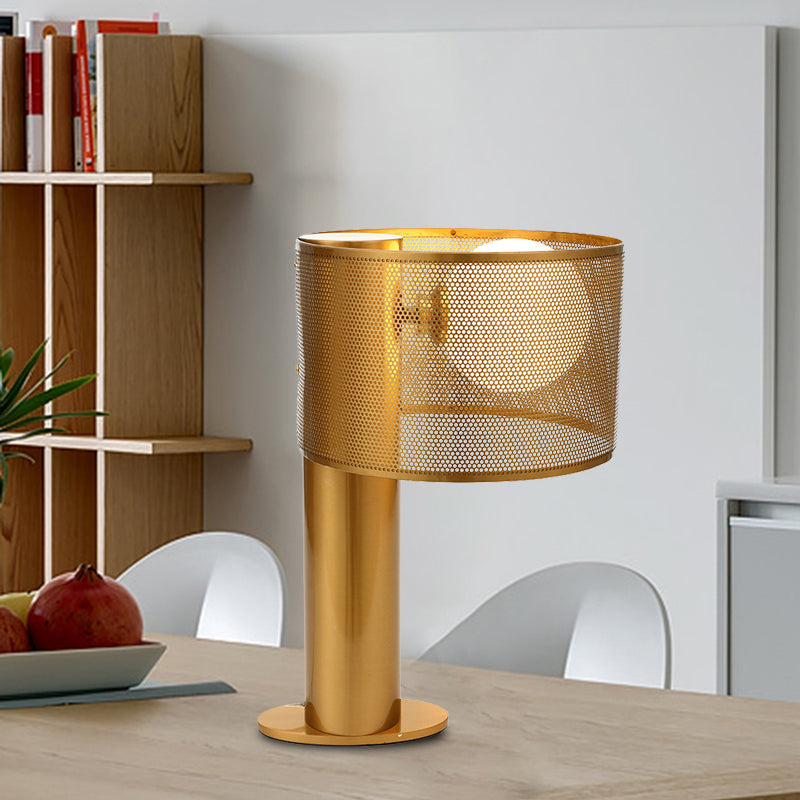 Metal Drum Mesh Night Table Light Post Modern 1 Head Desk Lamp in Gold with Orb Opal Glass Shade Clearhalo 'Lamps' 'Table Lamps' Lighting' 734615