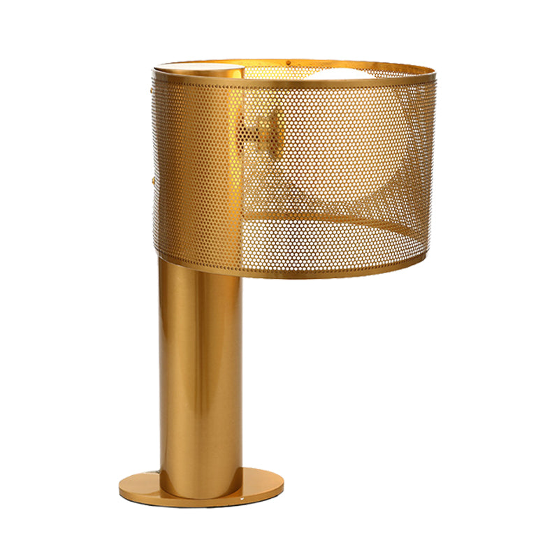 Metal Drum Mesh Night Table Light Post Modern 1 Head Desk Lamp in Gold with Orb Opal Glass Shade Clearhalo 'Lamps' 'Table Lamps' Lighting' 734616