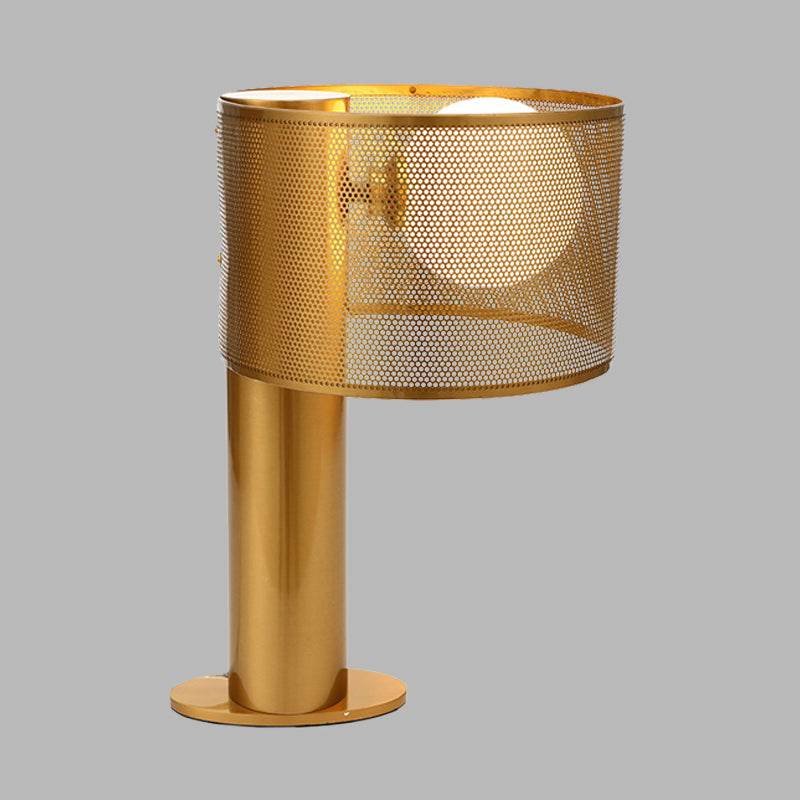 Metal Drum Mesh Night Table Light Post Modern 1 Head Desk Lamp in Gold with Orb Opal Glass Shade Clearhalo 'Lamps' 'Table Lamps' Lighting' 734617