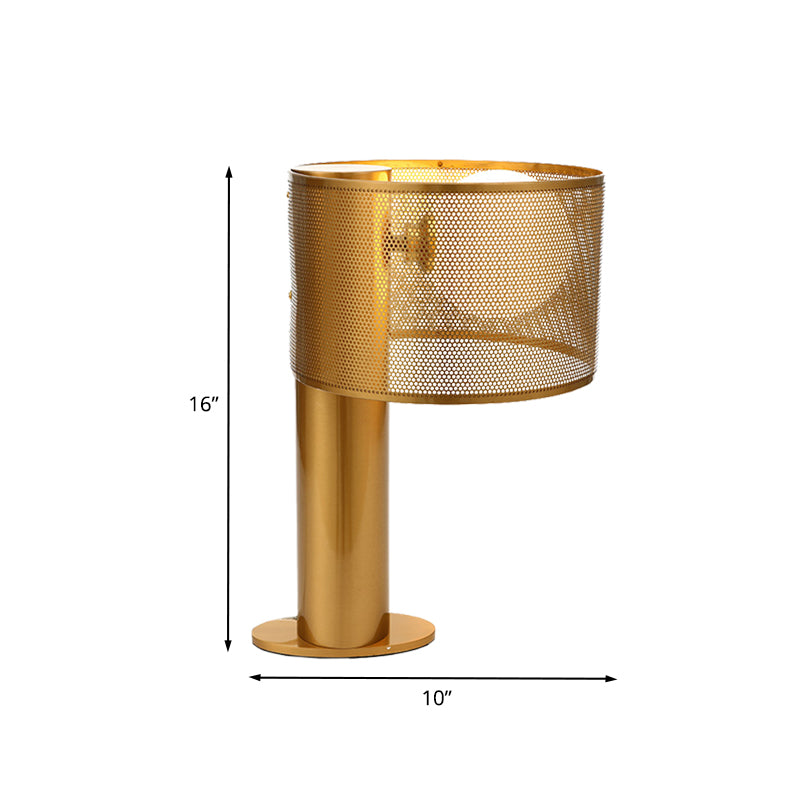Metal Drum Mesh Night Table Light Post Modern 1 Head Desk Lamp in Gold with Orb Opal Glass Shade Clearhalo 'Lamps' 'Table Lamps' Lighting' 734618