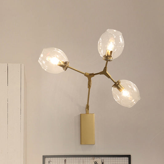 Metal Branch Sconce Light Fixture Post Modern 3 Bulbs Wall Lamp in Gold with Bud Dimpled Clear Glass Shade Gold Clearhalo 'Cast Iron' 'Glass' 'Industrial' 'Modern wall lights' 'Modern' 'Tiffany' 'Traditional wall lights' 'Wall Lamps & Sconces' 'Wall Lights' Lighting' 734724