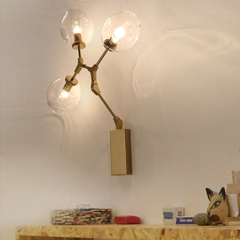 Metal Branch Sconce Light Fixture Post Modern 3 Bulbs Wall Lamp in Gold with Bud Dimpled Clear Glass Shade Clearhalo 'Cast Iron' 'Glass' 'Industrial' 'Modern wall lights' 'Modern' 'Tiffany' 'Traditional wall lights' 'Wall Lamps & Sconces' 'Wall Lights' Lighting' 734725