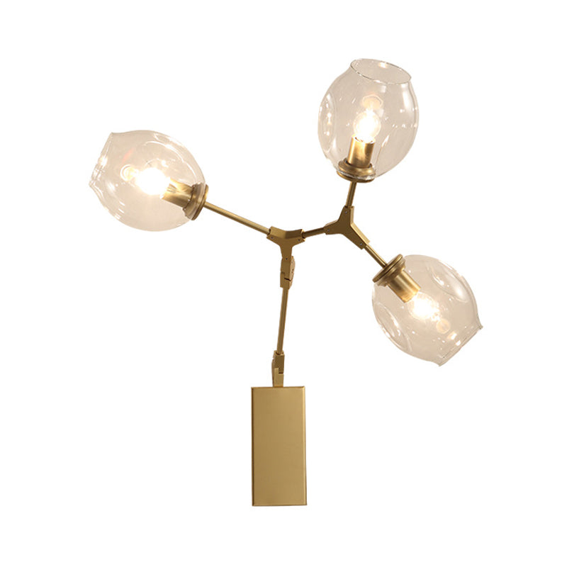 Metal Branch Sconce Light Fixture Post Modern 3 Bulbs Wall Lamp in Gold with Bud Dimpled Clear Glass Shade Clearhalo 'Cast Iron' 'Glass' 'Industrial' 'Modern wall lights' 'Modern' 'Tiffany' 'Traditional wall lights' 'Wall Lamps & Sconces' 'Wall Lights' Lighting' 734727