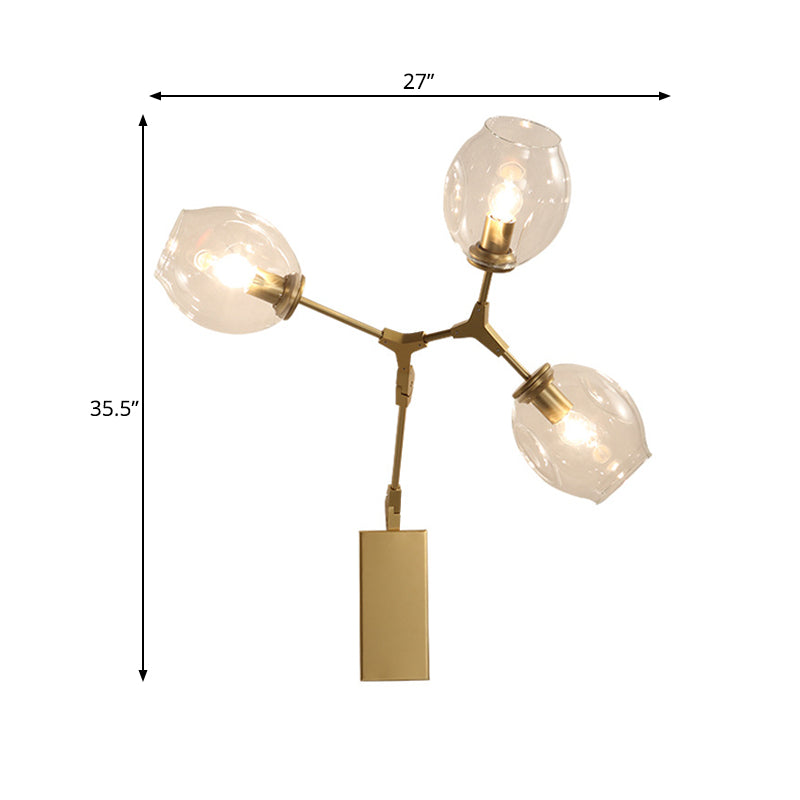 Metal Branch Sconce Light Fixture Post Modern 3 Bulbs Wall Lamp in Gold with Bud Dimpled Clear Glass Shade Clearhalo 'Cast Iron' 'Glass' 'Industrial' 'Modern wall lights' 'Modern' 'Tiffany' 'Traditional wall lights' 'Wall Lamps & Sconces' 'Wall Lights' Lighting' 734728