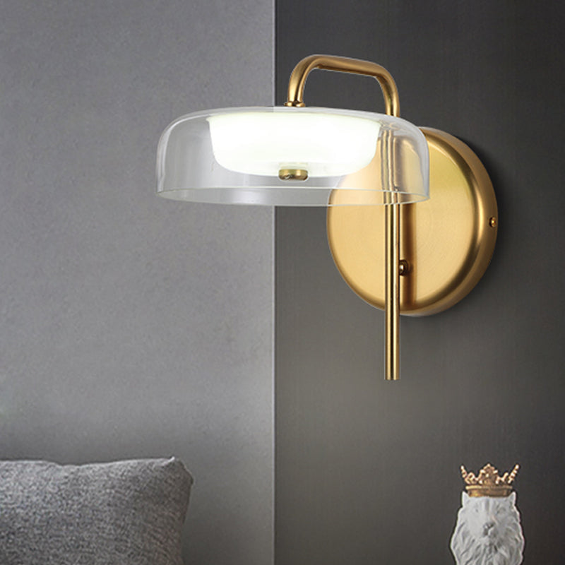 LED Bedside Wall Sconce Lighting Post-Modern Gold Wall Lamp Fixture with Bowl Clear Glass Shade Gold Clearhalo 'Cast Iron' 'Glass' 'Industrial' 'Modern wall lights' 'Modern' 'Tiffany' 'Traditional wall lights' 'Wall Lamps & Sconces' 'Wall Lights' Lighting' 734739