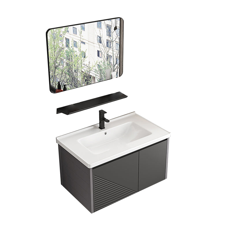 Modern Gray Metal Base Vanity Single-Sink Rectangular Wall Mount Vanity Set Vanity & Faucet & Mirrors Square Mirror Clearhalo 'Bathroom Remodel & Bathroom Fixtures' 'Bathroom Vanities' 'bathroom_vanities' 'Home Improvement' 'home_improvement' 'home_improvement_bathroom_vanities' 7347454