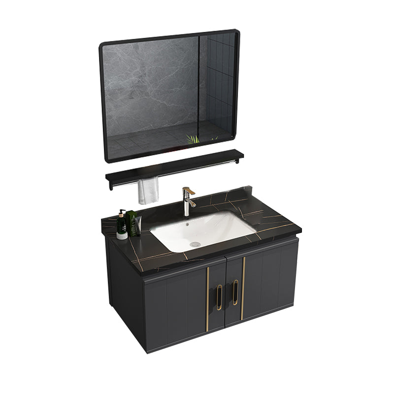 Modern Bathroom Vanity Set Wall Mount Bathroom Sink Vanity with Mirror Vanity & Faucet & Mirrors 28"L x 19"W x 19"H Black Clearhalo 'Bathroom Remodel & Bathroom Fixtures' 'Bathroom Vanities' 'bathroom_vanities' 'Home Improvement' 'home_improvement' 'home_improvement_bathroom_vanities' 7347487