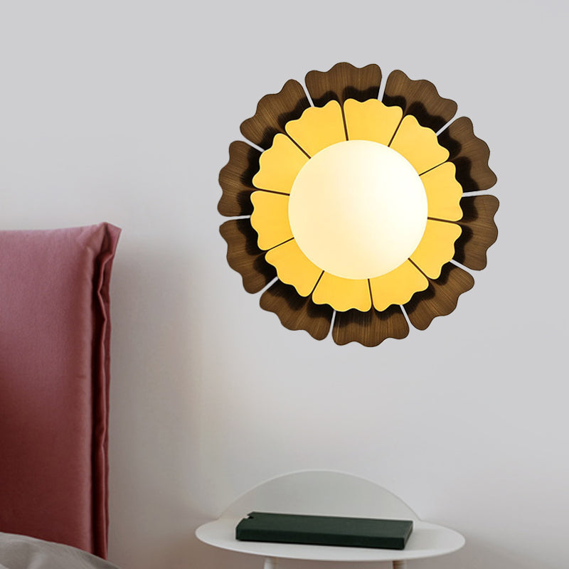Orb White Frosted Glass Wall Lighting Modern 1-Head LED Yellow and Brown Flush Wall Sconce with Sunflower Backplate Clearhalo 'Cast Iron' 'Glass' 'Industrial' 'Modern wall lights' 'Modern' 'Tiffany' 'Traditional wall lights' 'Wall Lamps & Sconces' 'Wall Lights' Lighting' 734750