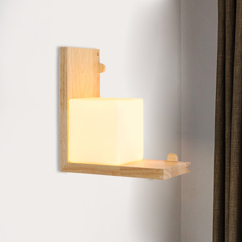 Wood Right Angle Panel Flush Wall Sconce Minimalist LED Beige Wall Light Fixture with Cube Opal Glass Shade Wood Clearhalo 'Wall Lamps & Sconces' 'Wall Lights' Lighting' 734754