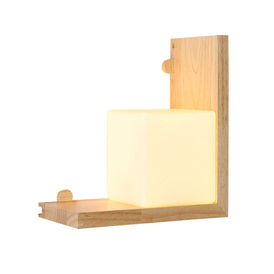 Wood Right Angle Panel Flush Wall Sconce Minimalist LED Beige Wall Light Fixture with Cube Opal Glass Shade Clearhalo 'Wall Lamps & Sconces' 'Wall Lights' Lighting' 734757