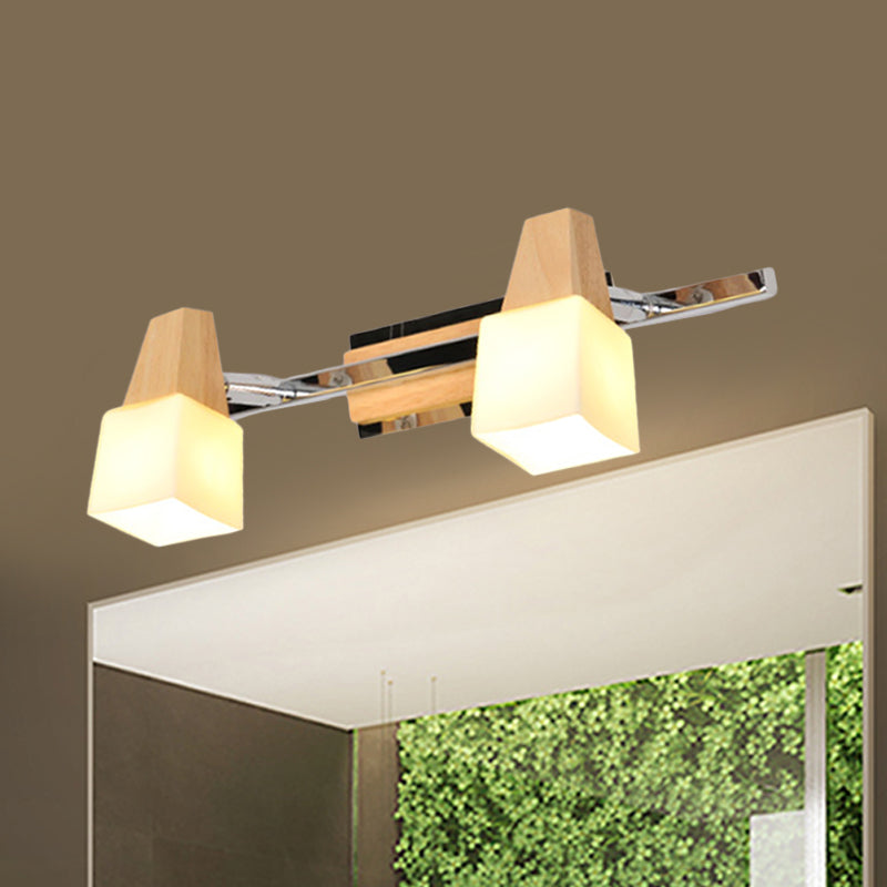 Beige Cube Vanity Light Fixture Modernist 2-Light Milk White Glass Wall Mount Lamp with Wood Top Wood Clearhalo 'Modern wall lights' 'Modern' 'Vanity Lights' 'Wall Lights' Lighting' 734759