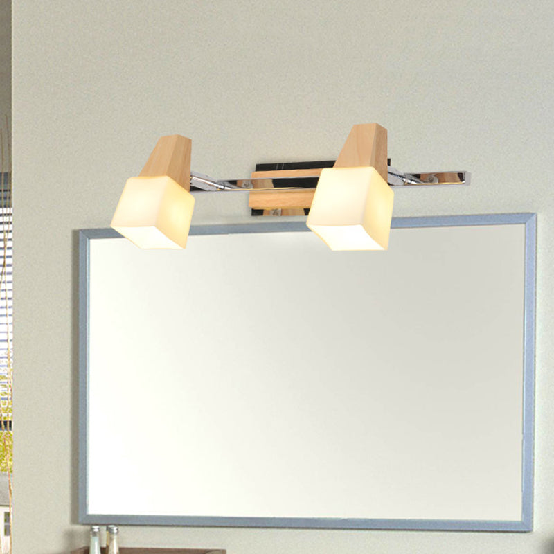 Beige Cube Vanity Light Fixture Modernist 2-Light Milk White Glass Wall Mount Lamp with Wood Top Clearhalo 'Modern wall lights' 'Modern' 'Vanity Lights' 'Wall Lights' Lighting' 734760