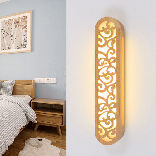 Chinese Style LED Flush Wall Sconce Beige Rectangle Wall Light Fixture with Carving Wood Shade Wood Clearhalo 'Modern wall lights' 'Modern' 'Wall Lamps & Sconces' 'Wall Lights' Lighting' 734774
